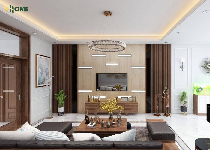 Tấm nano ốp vách tivi phòng khách vân gỗ Tấm nano ốp vách tivi phòng khách vân gỗ