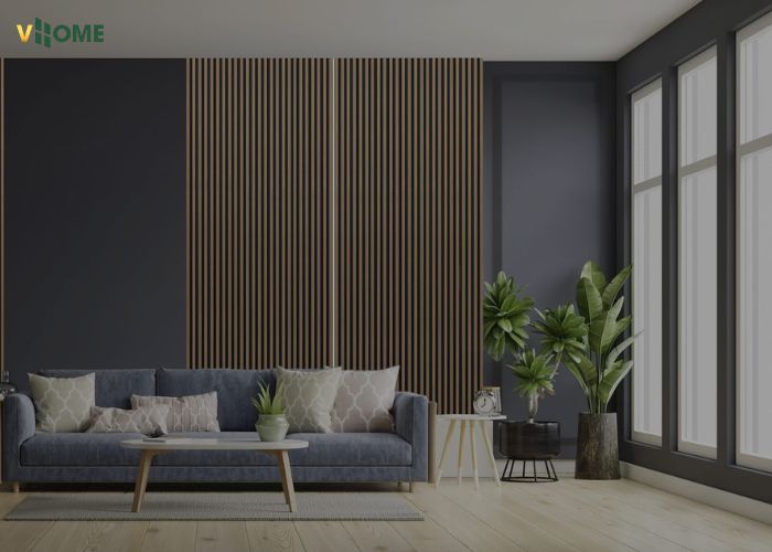 Kết hợp tấm lam sóng màu sáng và ốp tường trung tính phòng khách