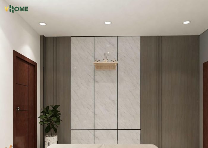 Tấm nhựa ốp tường vân đá vân mờ sáng tạo kết hợp cùng tấm ốp than tre