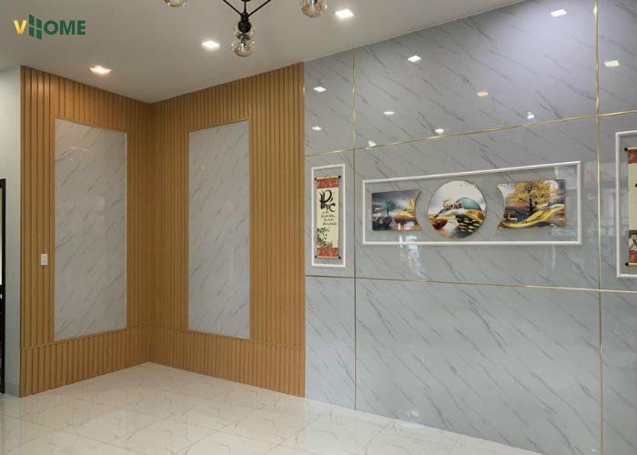 Nhựa ốp tường giả đá kết hợp cùng lam sóng màu sáng
