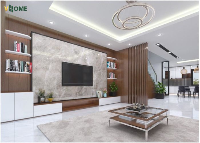 Tấm nhựa ốp tường vân đá sử dụng để ốp vách tivi phòng khách