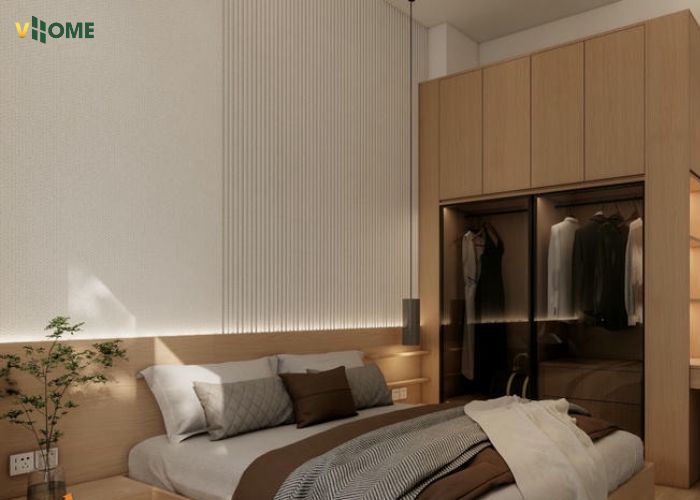 Tấm nano vân vải kết hợp với lam sóng cùng màu tạo sự ấn tượng cho phòng ngủ