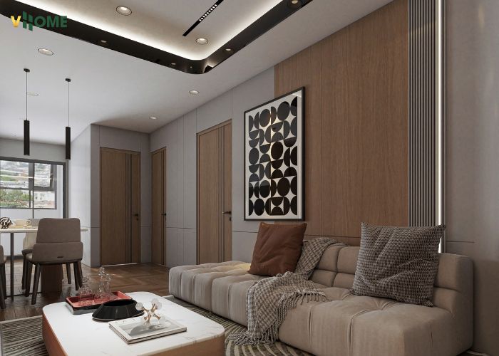 Tấm ốp nano vân vải được thi công ở phòng khách