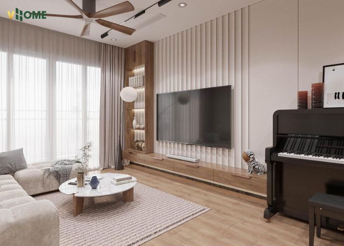 Tấm nhựa ốp tường vân vải màu sắc hài hòa với màu nội thất