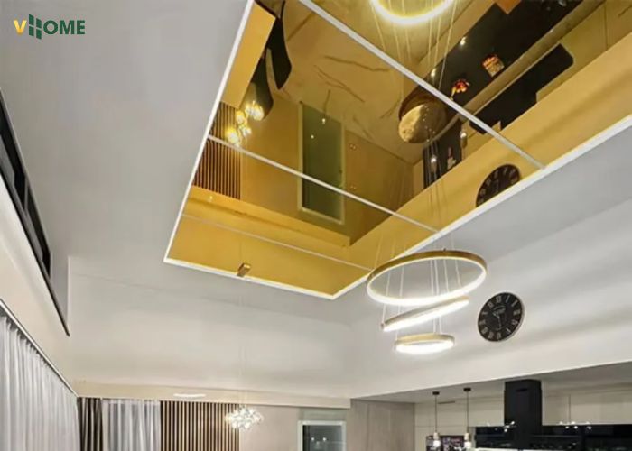 Kết hợp tấm ốp than tre tráng gương với đèn trang trí