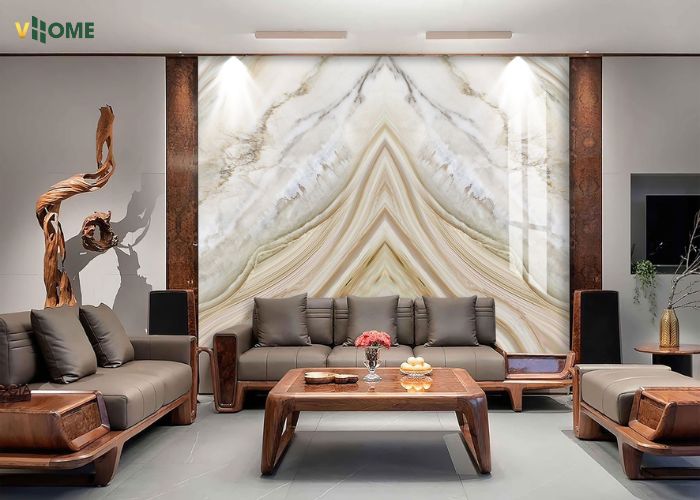 Tấm ốp PVC vân đá đối xứng thi công ở phòng khách
