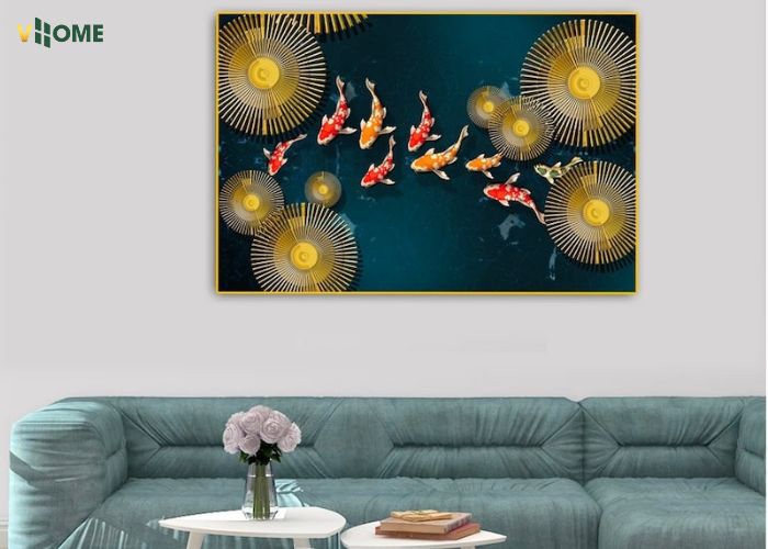 Tranh cá chép tráng gương tượng trưng phong thủy tài lộc Tranh cá chép tráng gương tượng trưng phong thủy tài lộc