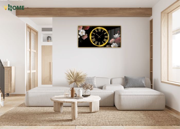 Tranh tráng gương đồng hồ nền đen hoa mẫu đơn treo phòng khách Tranh tráng gương đồng hồ nền đen hoa mẫu đơn treo phòng khách