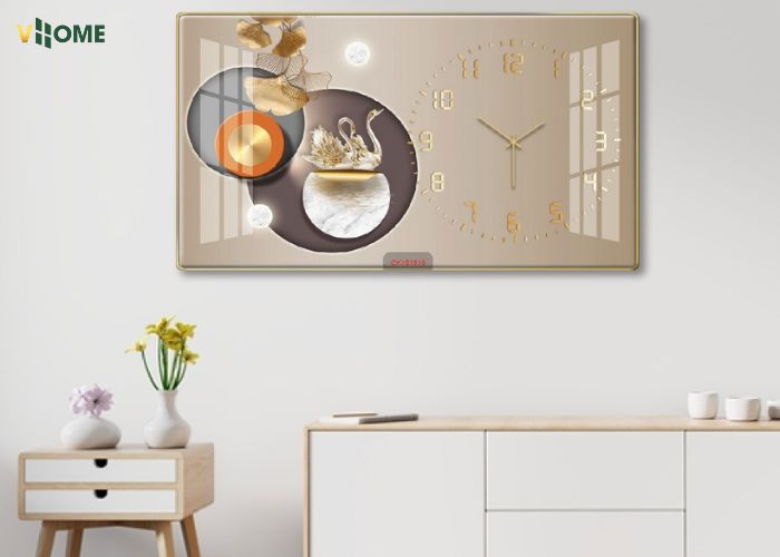 Tranh đồng hồ đôi thiên nga mang phong cách hiện đại Tranh đồng hồ đôi thiên nga mang phong cách hiện đại