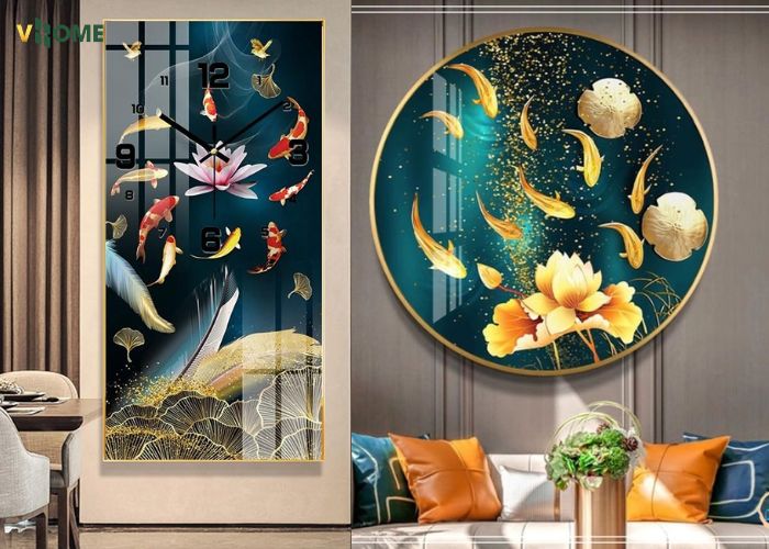 Tranh tráng gương đồng hồ họa tiết cá chép hài hòa phong cách nội thất Tranh tráng gương đồng hồ họa tiết cá chép hài hòa phong cách nội thất