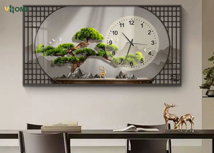 Tranh tráng gương đồng hồ tùng hươu vượng khí Tranh tráng gương đồng hồ tùng hươu vượng khí