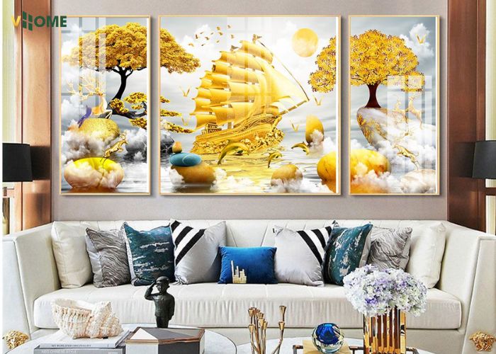 Tranh thuyền vàng mang tạo điểm nhấn cho không gian phòng khách Tranh thuyền vàng mang tạo điểm nhấn cho không gian phòng khách