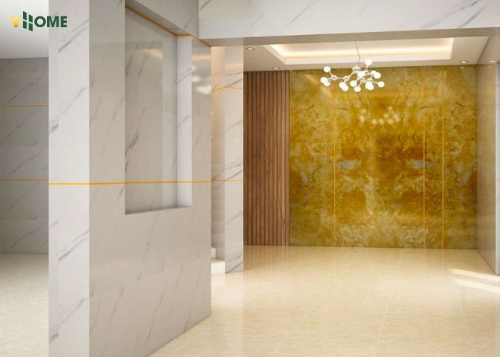 Vách ngăn nhựa giả đá kết hợp cùng tấm ốp tường vân đá