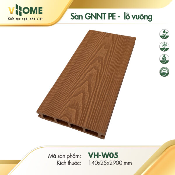 Sàn gỗ nhựa ngoài trời gốc PE màu vàng lỗ vuông W05