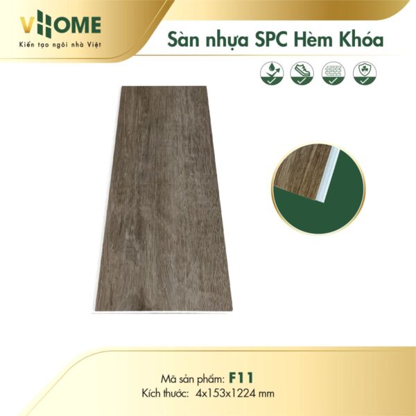 Sàn nhựa giả gỗ hèm khóa đế cao su màu xám đậm F11 - 4mm