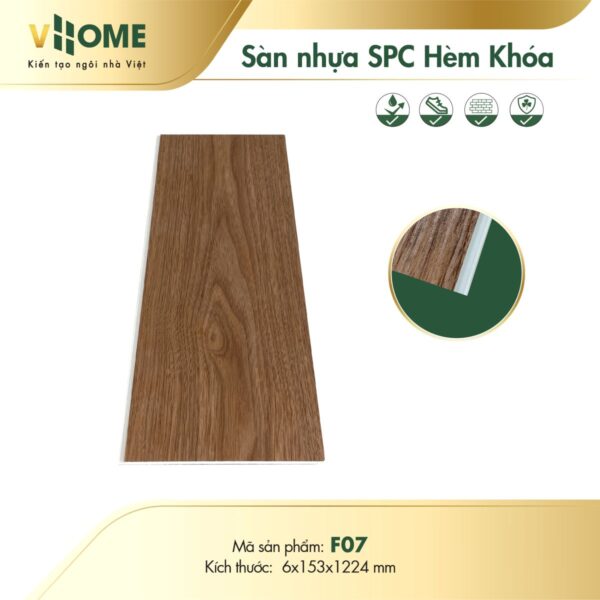 Sàn nhựa giả gỗ hèm khóa đế cao su nâu vàng nhạt F07 – 6mm