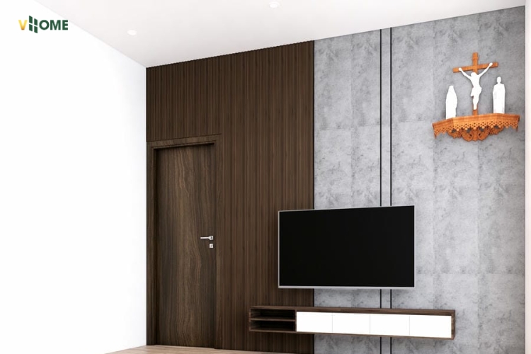 Vách ti vi ốp tấm than tre vân bê tông và tấm lam sóng