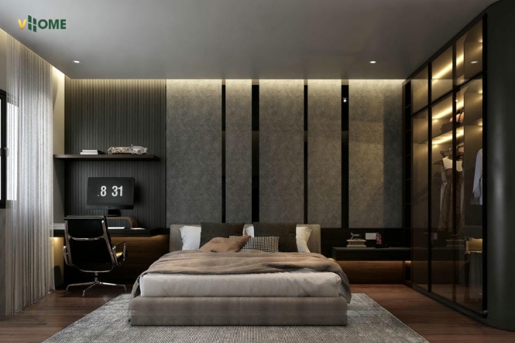 Kết hợp tấm than tre vân bê tông với nẹp đen làm vách đầu giường