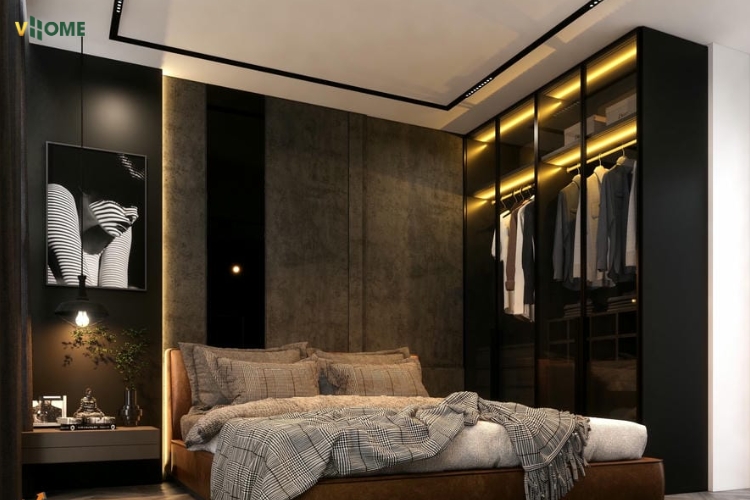 Tấm than tre vân bê tông màu tối cho phòng ngủ