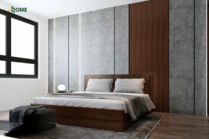 Kết hợp tấm ốp than tre vân bê tông kết hợp tấm lam sóng đầu giường