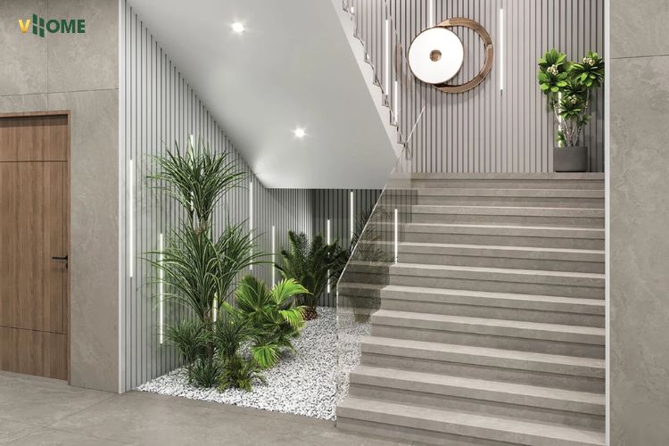 Ốp tấm lam sóng trơn màu trắng cho khu vực cầu thang
