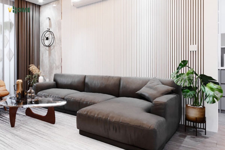 Mảng tường sau sofa ốp lam sóng trắng