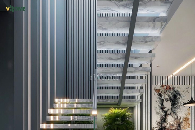 Ốp lam sóng mảng tường tại chiếu nghỉ cầu thang