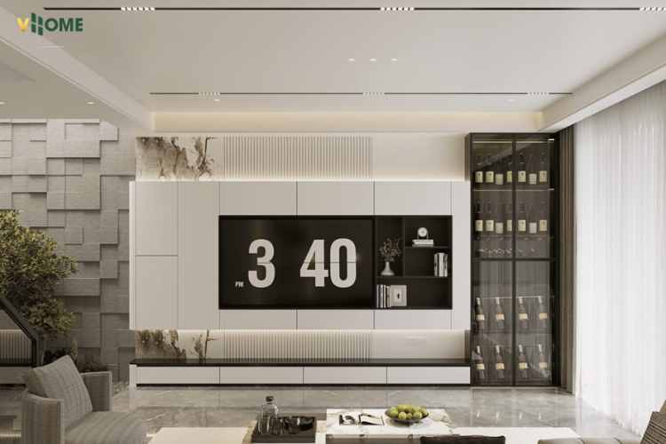 Vách tivi phòng khách ốp lam sóng